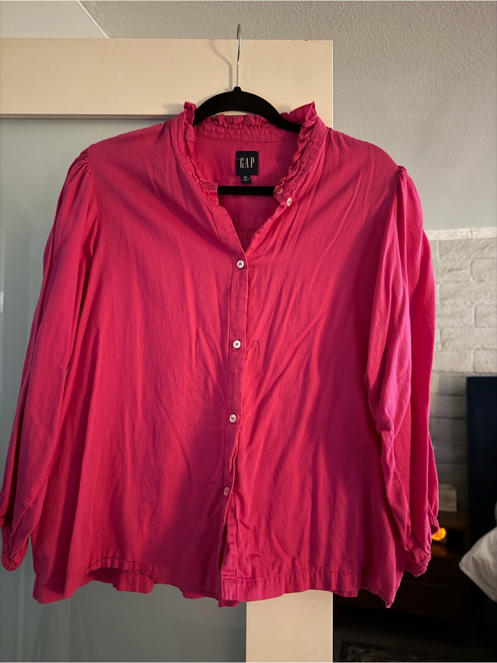 GAP Button-Up Blouse in Hot Pink with Ruffle Neck